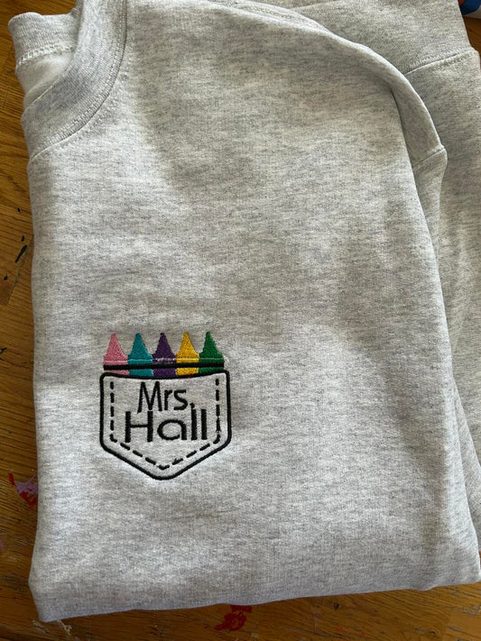 Custom Crayon Box outline Teacher Embroidery Crewneck