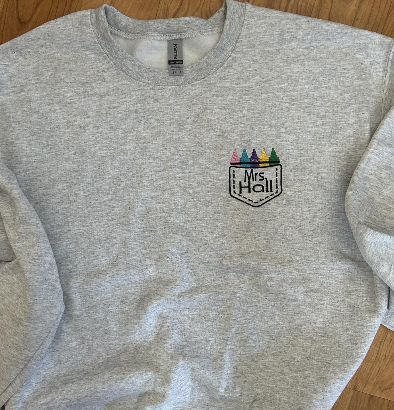 Custom Crayon Box outline Teacher Embroidery Crewneck