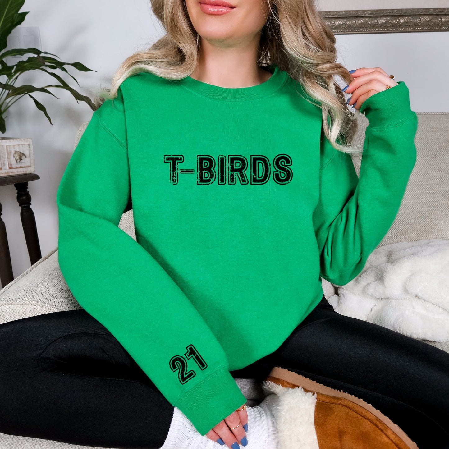 School Name (arrows, tbirds, bulldogs etc.) Number on sleeve Crewneck