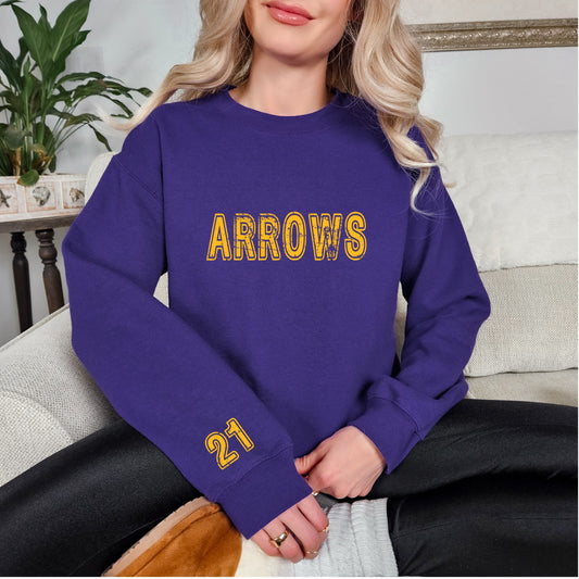 School Name (arrows, tbirds, bulldogs etc.) Number on sleeve Crewneck