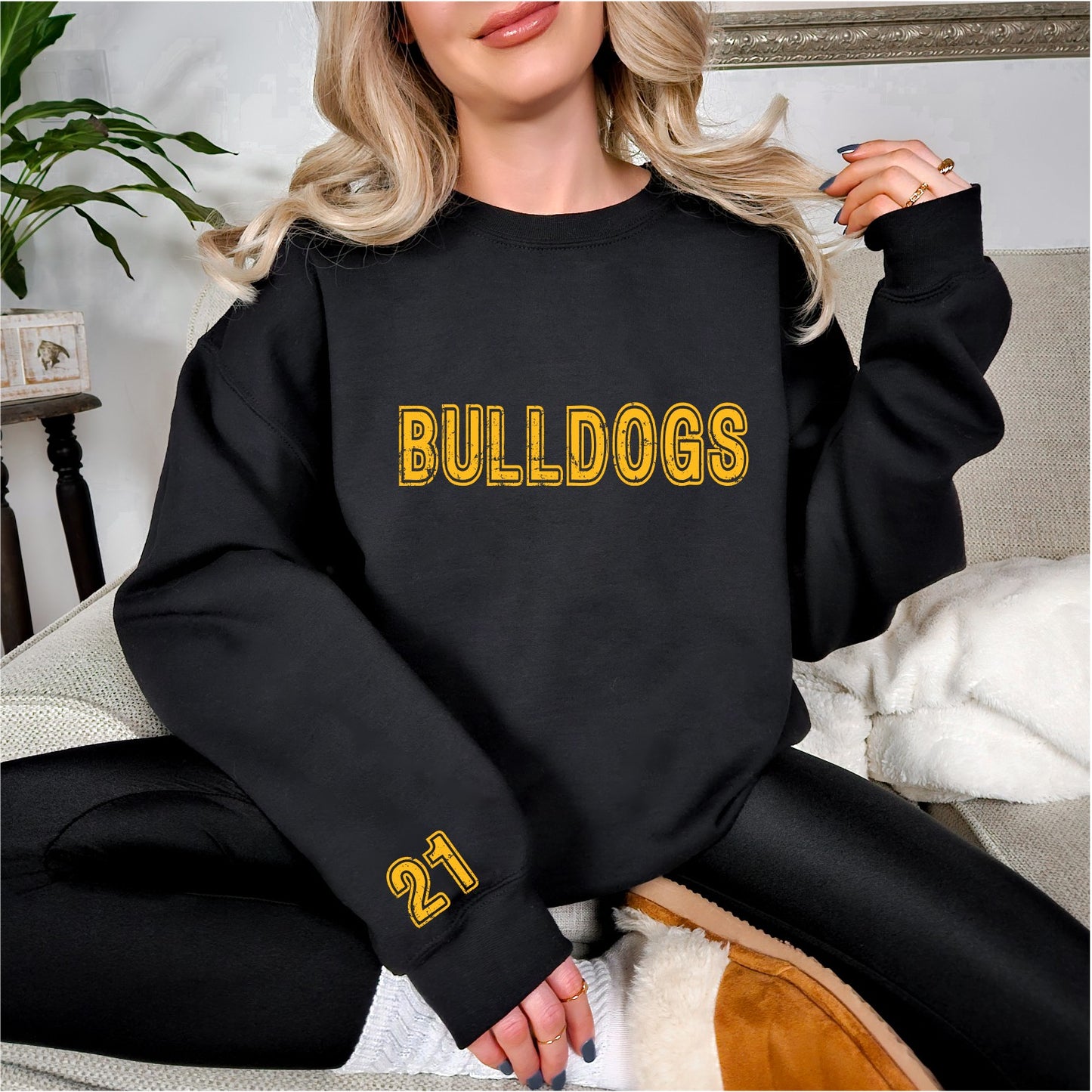 School Name (arrows, tbirds, bulldogs etc.) Number on sleeve Crewneck